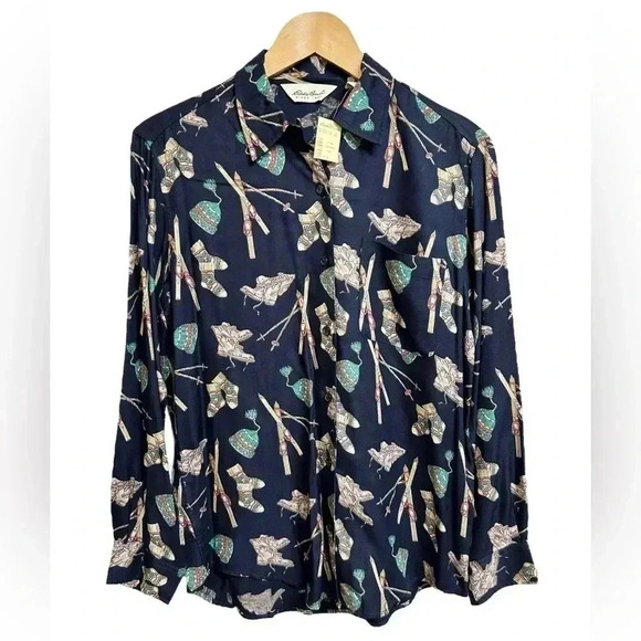 Eddie Bauer Navy Blue Ski Winter Print Long Sleeve Button Up Shirt Top Small NWT - Picture 2 of 9